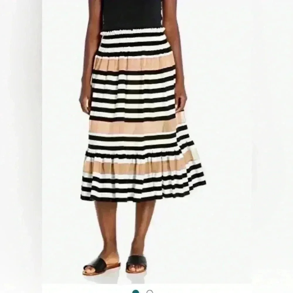 Norma Kamali Striped Mesh Tiered Midi Skirt Black White Tan Smocked Waist L